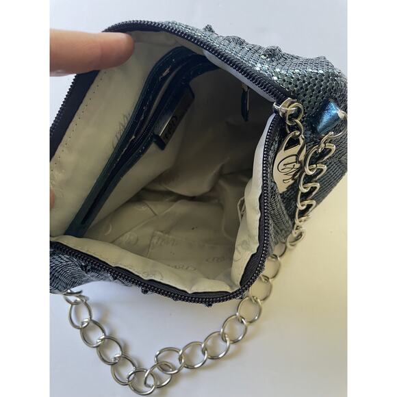 WD Whiting & Davis Blue Metalic Chain mail Mesh Shoulder Bag Evening Bag - Picture 8 of 16